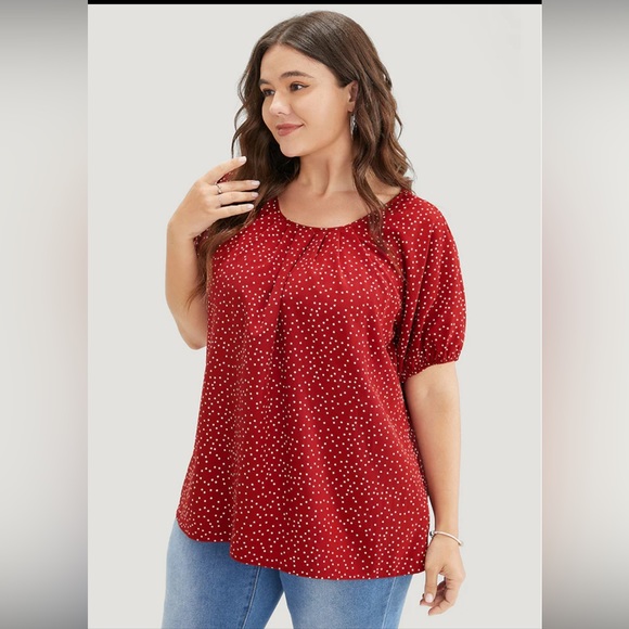 NWT- Bloomchic Polka Dot Pleated Round Neck Puff Sleeve Blouse - Picture 2 of 11